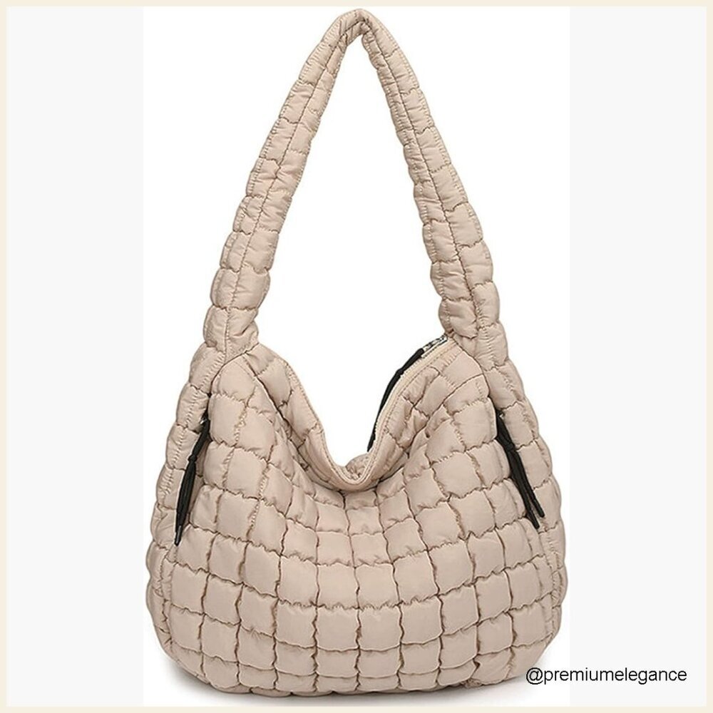 Large Puffer Tote Bag, Quilted Nylon Hobo with Multiple Pockets for Work Travel